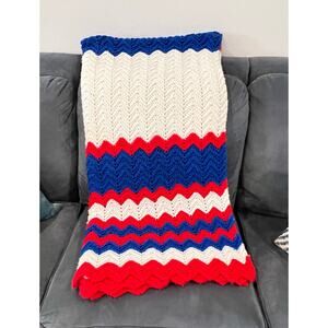 Chevron Handmade Afghan Red White Blue Zig Zag Blanket Patriotic 42x82 Vintage